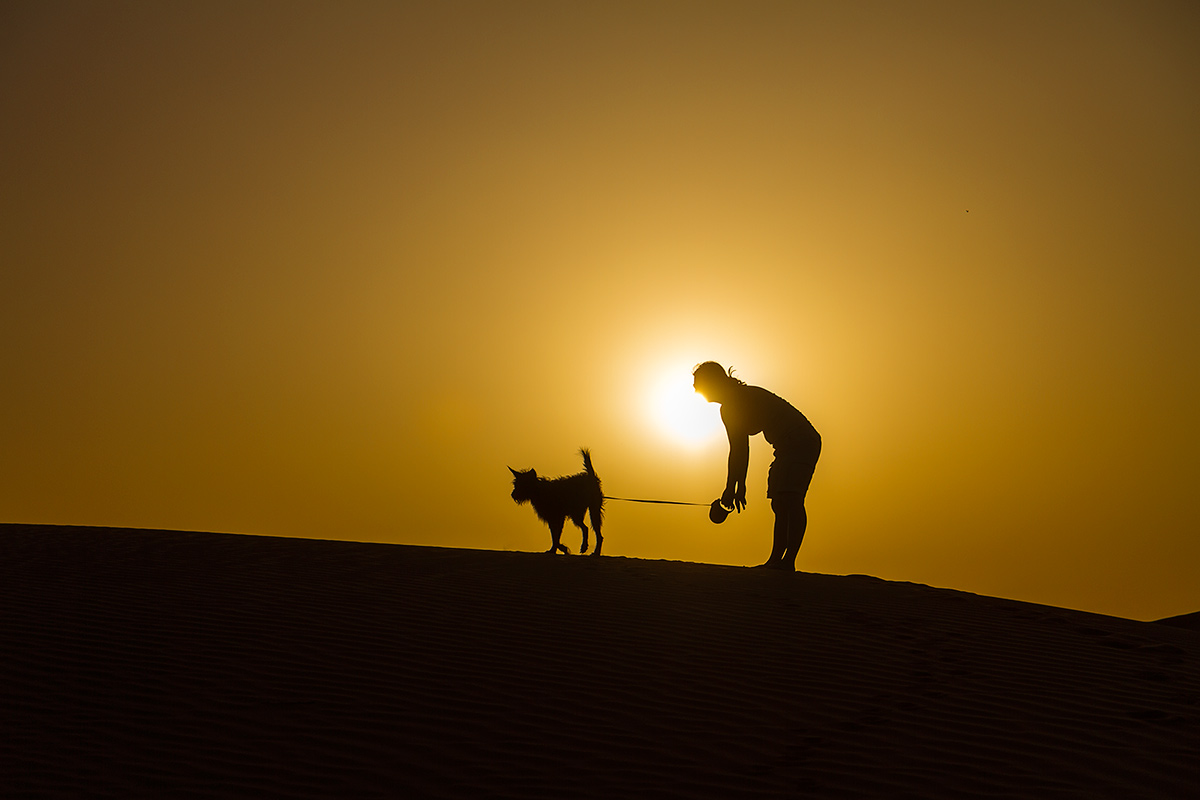 Polona and Punky on a dune. At sunset, of course.